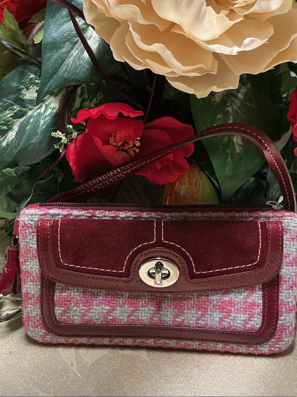Coach Pink Houndstooth suede wristlet Bag with Burgundy Trim